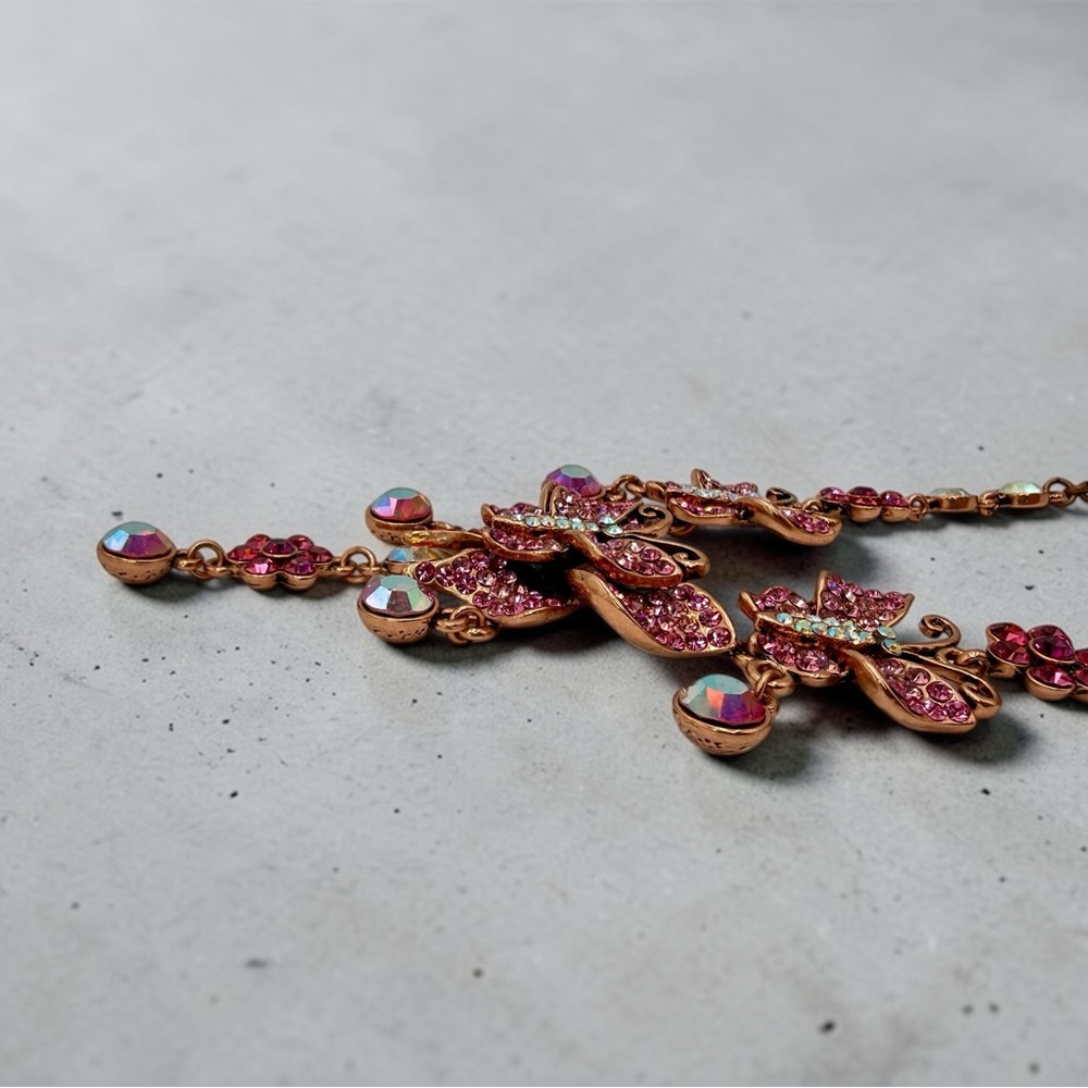 Kirks Folly Pink Butterfly Rhinestone Necklace AB Drop Signed 16”-19” whimsical - Picture 13 of 17